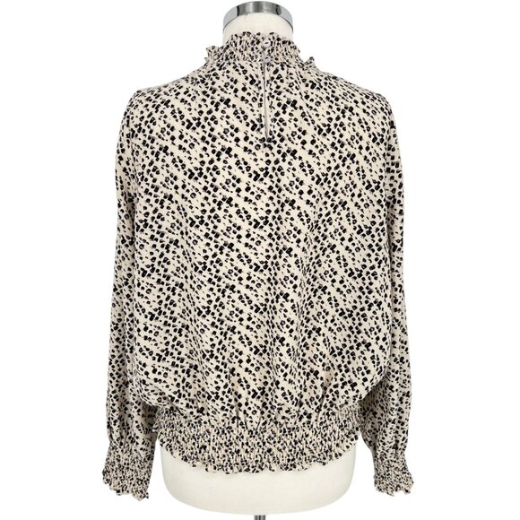 THML Brush Animal Print Smocked Ruffle Blouse Ivory Black Size Medium - Picture 8 of 12